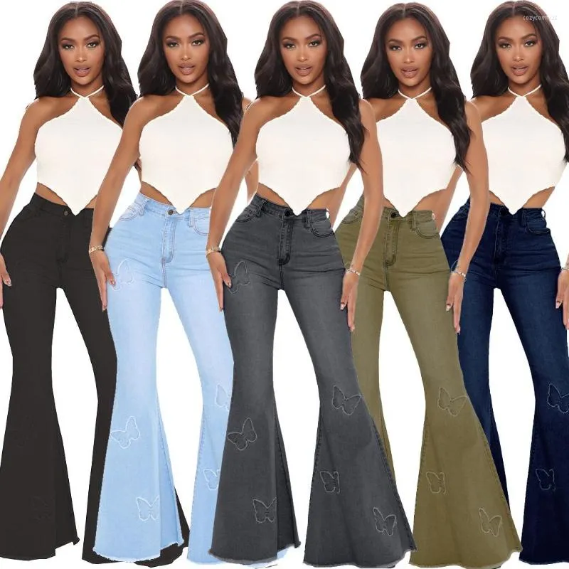 Women's Jeans 2022 Elegant Women Flare Butterfly Applique Slim High Waist Zipper Casual Denim Pants Fashion Stretchy