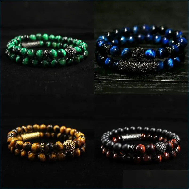 Charm Bracelets 2Pc/Set Natural Tiger Eye Pearl Beads Bracelet Set Jewelry For Men And Women Elastic Material Wrist Strap Accessori Dhej7