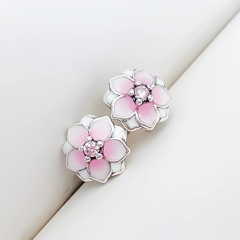 Orecchini a bottone Magnolia rosa Gioielli da sposa in argento sterling 925 per donne Ragazze con scatola originale per regalo fidanzata Pandora Set di orecchini con fiori carini