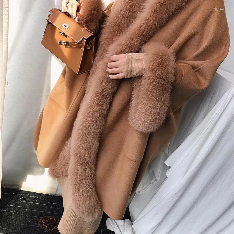 Women's Fur Winter Jacket Women Brand 2022 Parka Natural Real Coat Hooded Loose Wool Woolen Cape Femme Poncho Streetwear