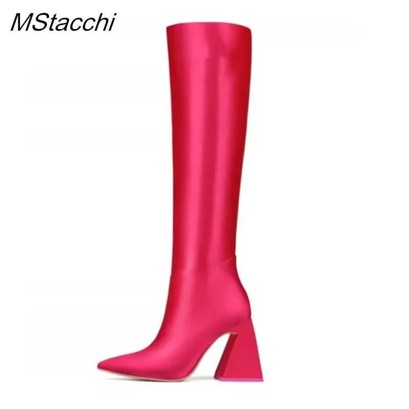 Сапоги женская колена высокая розовая красная ткань будьте длинными элегантными коренастыми каблуками Дизайнерская обувь 2022 Новые ботас Фемининас 220901