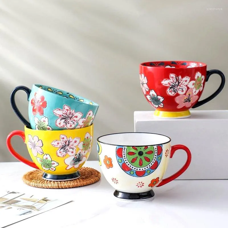 Tasses à café et tasses en céramique, grande capacité, fleur peinte à la main, bureau domestique, tasse d'eau potable créative en porcelaine