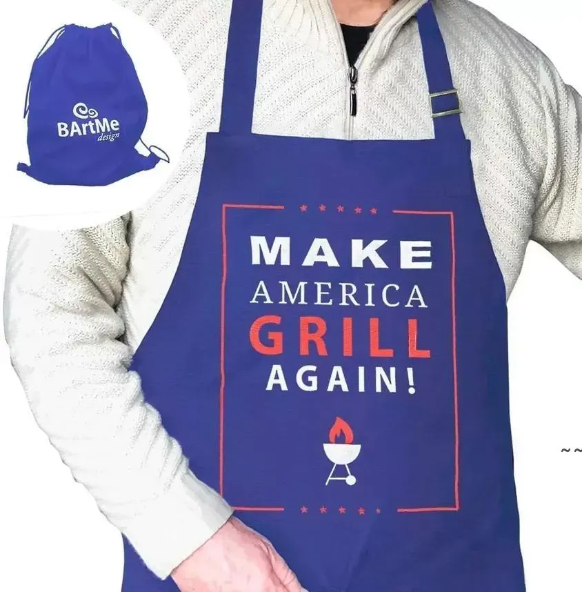 Tablier de cuisine drôle Griller Chef de cuisine BBQ Tabliers réglables à 2 poches Sac cadeau réutilisable enveloppé Trump Make America Grill Again JNB16375