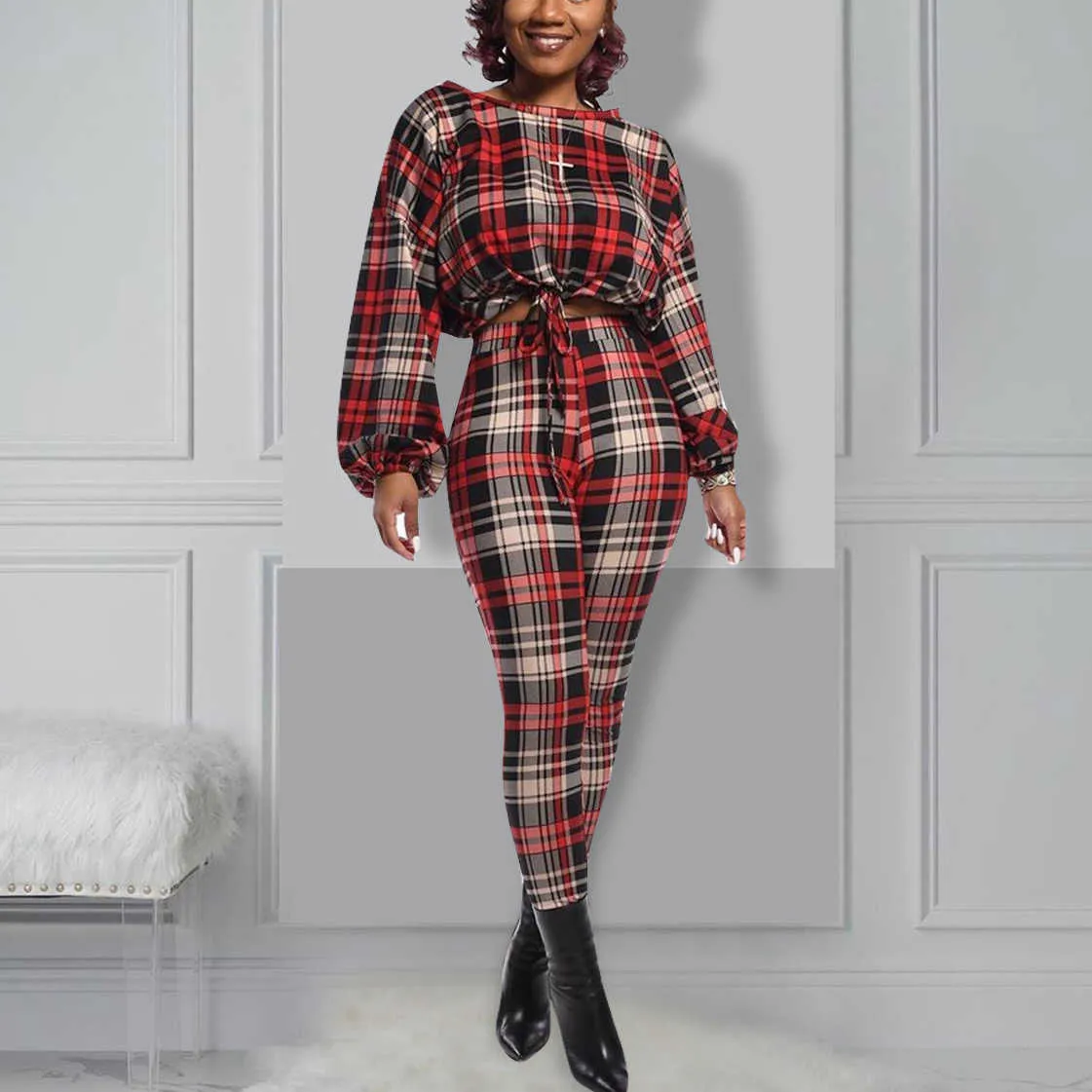 Kvinnors tvådelade byxor Seigurhry Kvinnors 2 -stycken Plaid tryckta kläder Casual Lantern långärmad slips framkörning toppar blyertsbyxor Set Tracksuit T221012