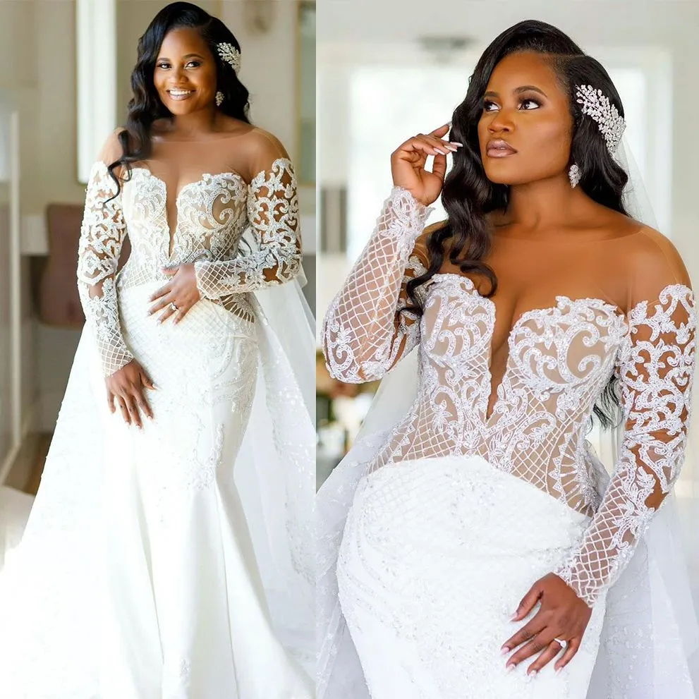 Plus Size White Mermaid Wedding Dress Deep V Neck Arabic Trumpet Full Sleeve Lace Bridal Gowns Applique Sequins Robe De Soiree