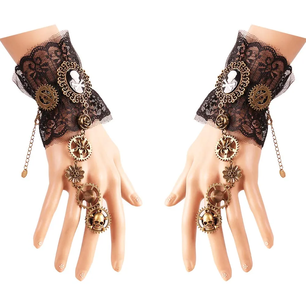 Bronzing Fingerless Gloves Gothic Floral Charm Bracelets Lace Steampunk Wristband Ring Vintage Beaded Gloves Bridal Bracelet 1 Pair