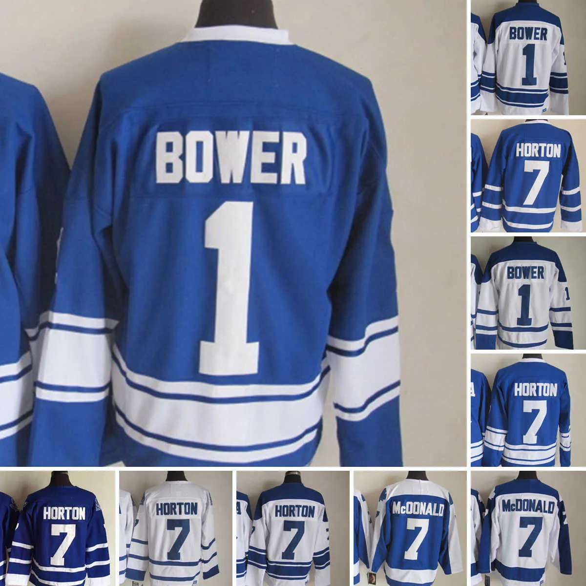 1917-1999 Film Retro CCM Hokey Jersey Nakış 1 Johnny Bower 7 Tim Horton Erkekler Vintage Formalar Beyaz Mavi Yeşil