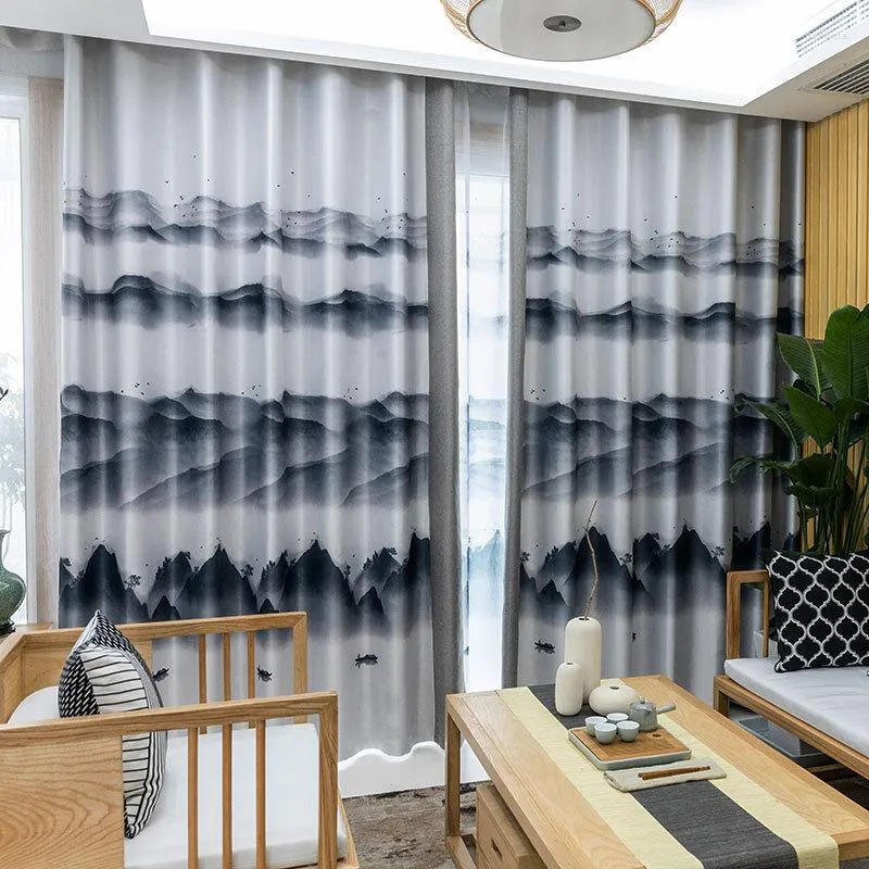 Curtain Chinese Ink Landscape Style Printed Linen Stitching Fabric Blackout Curtains For Bedroom