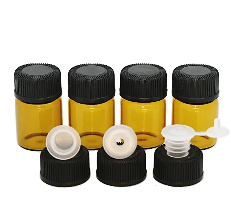 2ml Küçük Cam Şişeler Şişeler Amber esansiyel yağ örnek şişeleri, Redüker Siyah Kapak 1000 PCS/Lot SN555