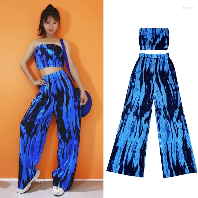 Scena noszenia nowoczesne ubrania taneczne dla dziewcząt kostium jazzowy niebieski paski rurki top o wysokiej talii szerokopasmowe spodnie nogi Hip Hop Rave strój XS4512