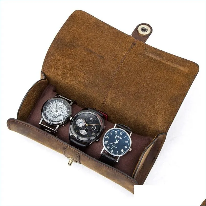 Uhrenboxen Hüllen Rindsleder 3-Slot-Uhrenbox Handgefertigte Roll-Reisetasche Armbanduhrenbeutel Exquisiter Retro-Slide-In-Out-Organizer 2207 Dhrnu