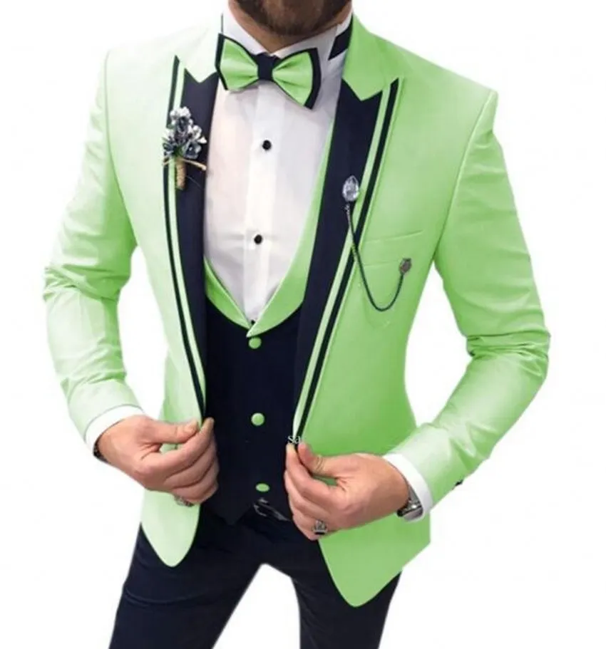 Excellent droit vert marié Tuxedos noir châle revers Slim Fit garçons d'honneur robe de mariée Excellent homme veste Blazer 3 pièces costume