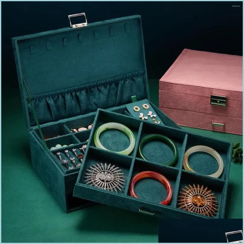 Jewelry Pouches Bags Jewelry Pouches Veet Green Stud Organizer Retro Style Ring Necklace Makeup Storage Box Cases Watch With Lock Gi Dh0Cl