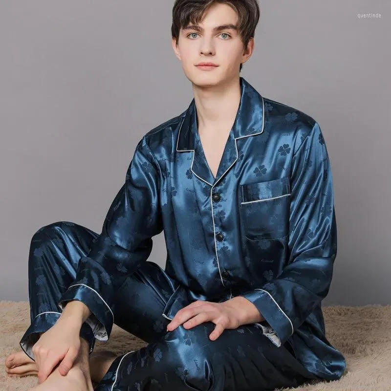 Pyjamas en satin léger pour hommes, vêtements de nuit pour hommes, manches longues, costume de maison en soie, grande taille, vêtements de maison pour hommes, ensemble de salon doux