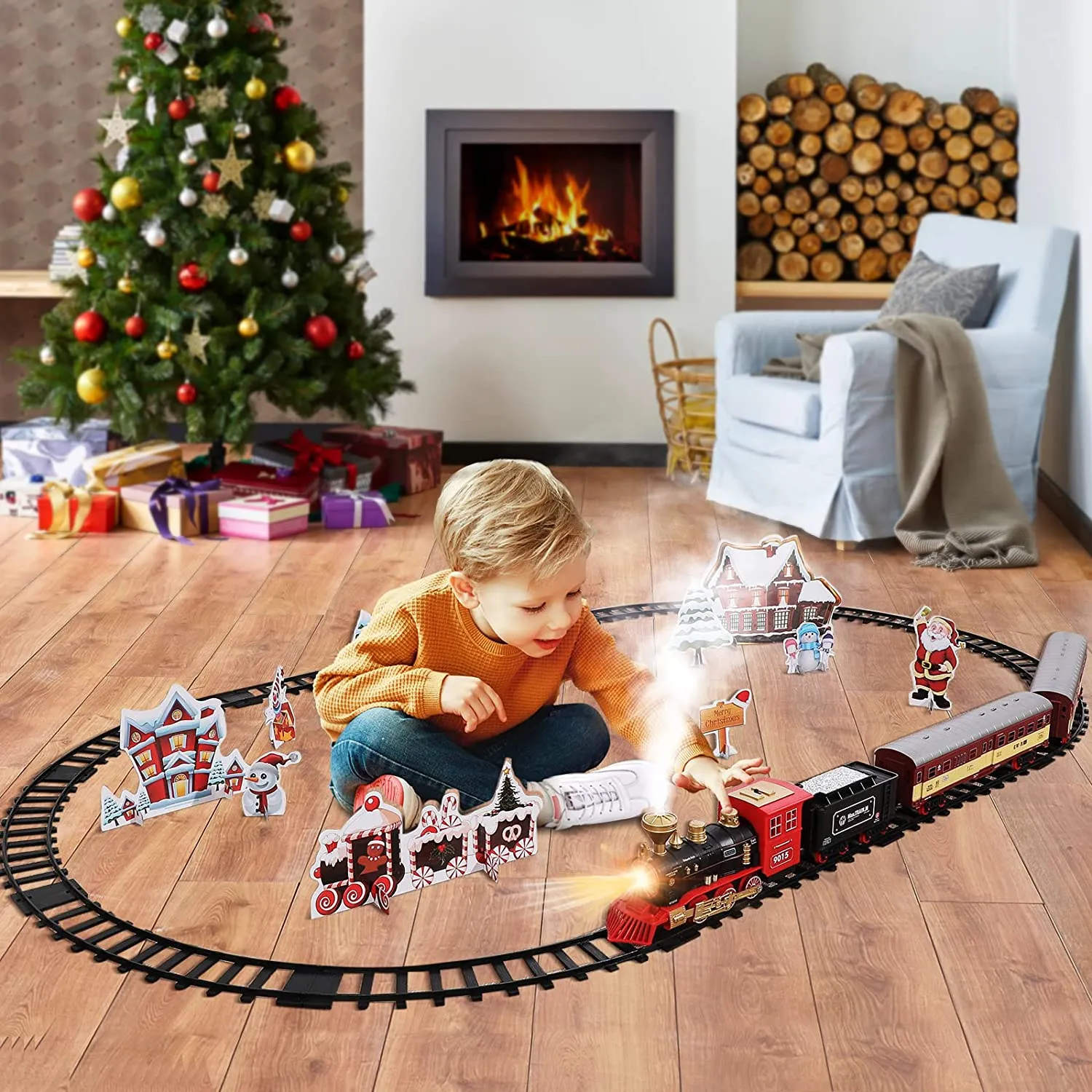 Engine Cargo Car and Long Tracks Electric Track Toy Train Set with Steam Locomotive Battery Operated Play Toys with Smoke Light Sounds