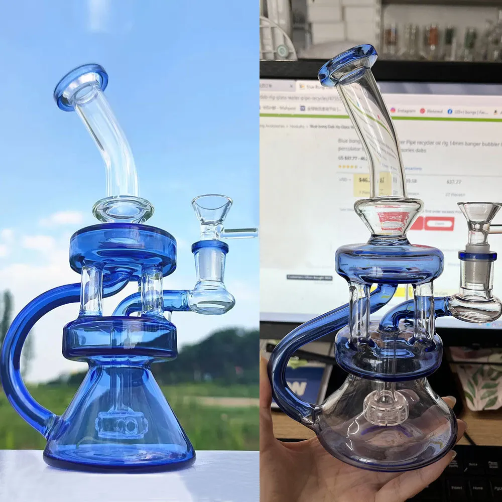 Blue Bong Dab Rig Pipe à eau en verre Narguilé Bubbler Rose Recycler Oil Rigs 14mm Banger Heady Percolator pour fumer Accessoires Dabs