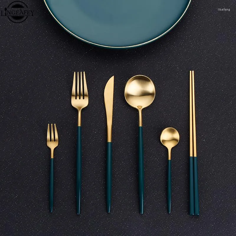 Dinnerware Sets Green Gold Cutlery Tableware Set 18/10 Stainless Steel Dinner Knife Fork Spoon Silverware Flatware Drop