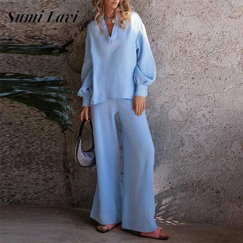 Women's Two Piece Pants 2022 Spring Women Casual Solid Color Pajamas Fashion V Neck Lantern Long Sleeve 2pcs Set Ladies Cozy Simple Tops Long Pants Suit T221012