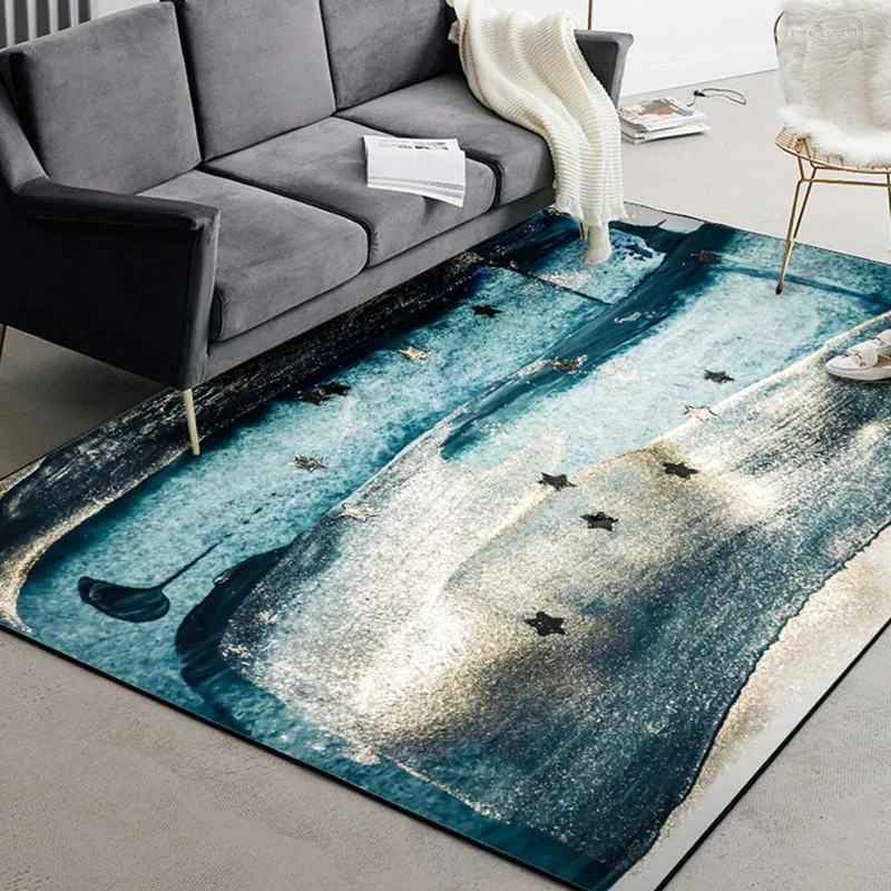 Carpets Modern Abstract Art Sky Blue Sea Water Gold Rugs And For Living Room Bedroom Hallway Carpet Kids Antiskid Floor Mat