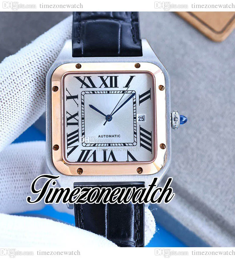 TWF SANTO MYOTA 8215 Automatyczna męska zegarek W2SA0017 Data białego wybierania dwa ton Rose Gold Case Black Leather Pasek 39,5 mm Zegarki TimeZoneWatch E270a3