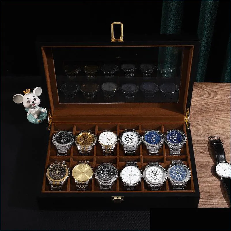 2024 Luxury Solid Wood Watch Box Organizer 12 Seats Gold Antique Style Wooden Display Case for Men