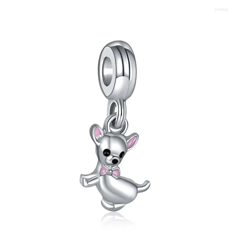 Perlen Rosa Emaille Ohr Schleife Niedlicher Chihuahua Anhänger Fit Charms Armband Frauen Kleiner Hund Für Schmuckherstellung DIY Armreif Geschenk