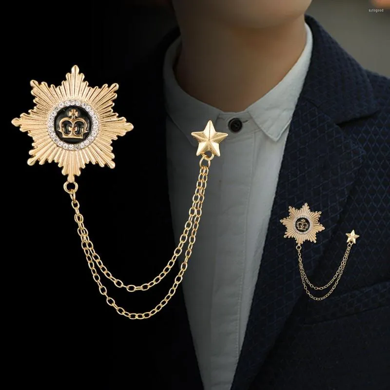 Brooches Double Chain Gold Silver Octagon Crown Party Star Lapel Pin Male Suit Link Men Brooch Tassel For Garment Accessies