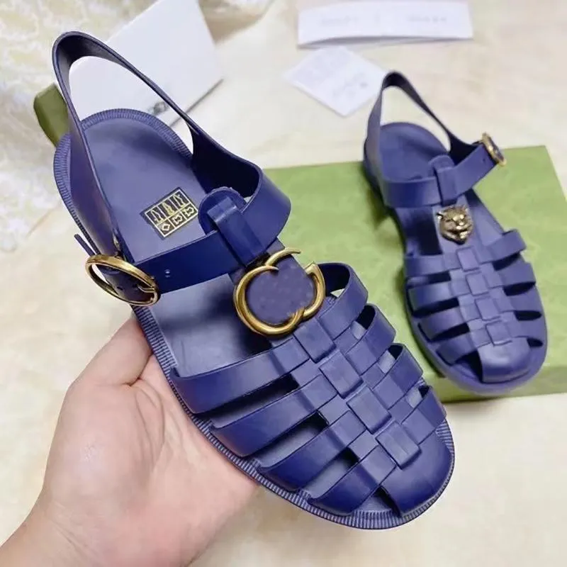Sandálias de grife Jelly Sandália Chinelos Sandálias Sapatos De Borracha Chinelos Transparentes Feminino G Duplo Fivela Plana Com Caixa No369