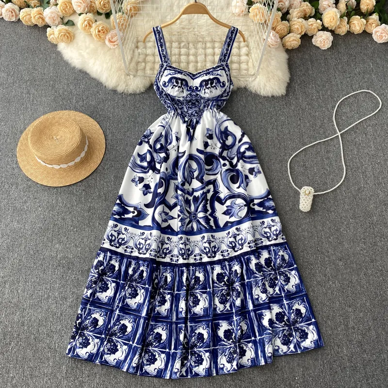 Slim Fit National Style Suspender blue floral dress with Elegant Print and Beautiful A-line Skirt Slim Fit National Style Suspender blue floral dress with Elegant Print and Beautiful A-line Skirt