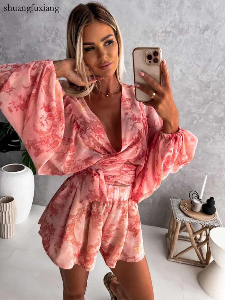 Women's Two Piece Pants Casual Beach Print Lace Up Two Piece Set Women Summer Chiffon Shirt Shorts Suit Fall Sexy V-neck Top 2 Piece Sets Womens Outfits T221012