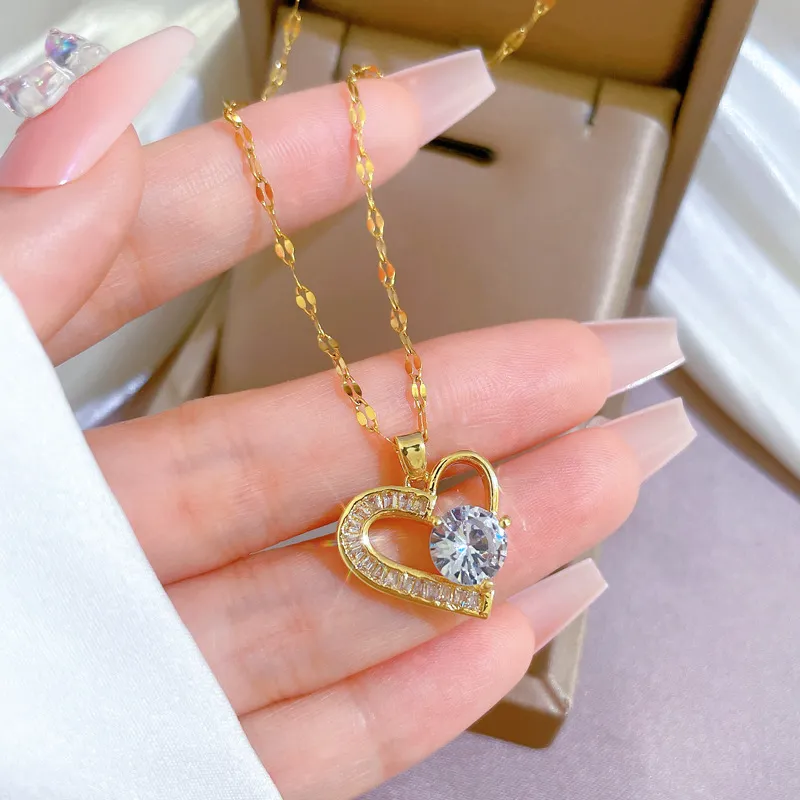 Bling Stainless Steel Heart Shape Pendant Necklace 18K Real Gold Plated Classic Jewelry