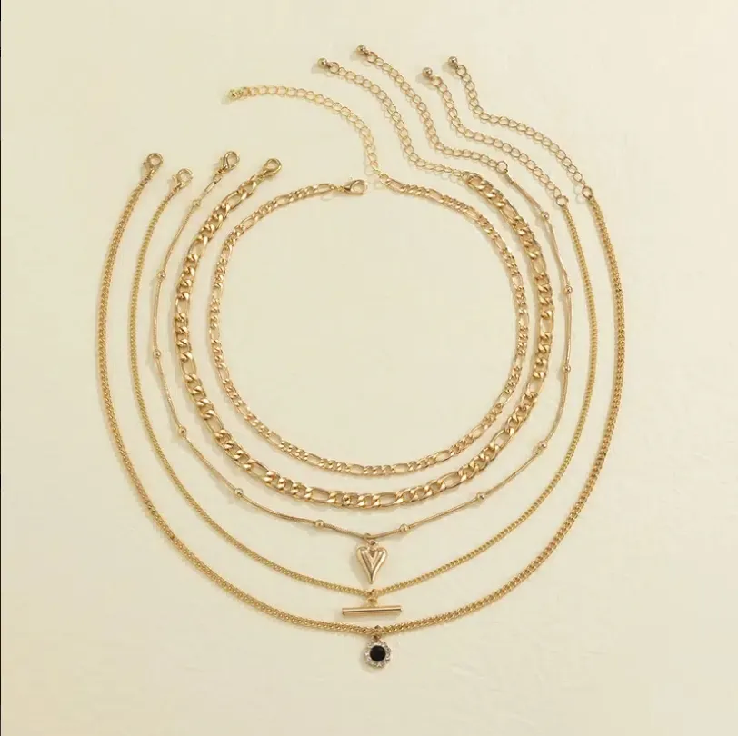 Neuer Stil Originalität Anhänger Halsketten 5pcs kreative Mode glänzende Faux Diamond Sonnenblume Liebe Anhänger Frauen Charme Halskette Set