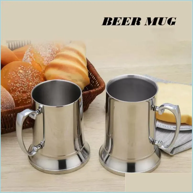 Tasses 16Oz Double Paroi En Acier Inoxydable Chope À Bière Cocktail Petit Déjeuner Thé Lait Tasses Avec Poignée Tasse À Café Bar Outils Drinkware Dhen5