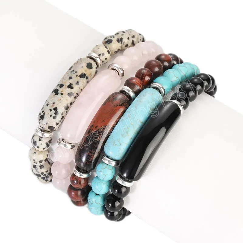 Bracelet à brins de pierre naturelle 2023, Agate noire, Turquoise, œil de tigre, Quartz Rose, jaspe dalmatien, barre rectangulaire, breloque