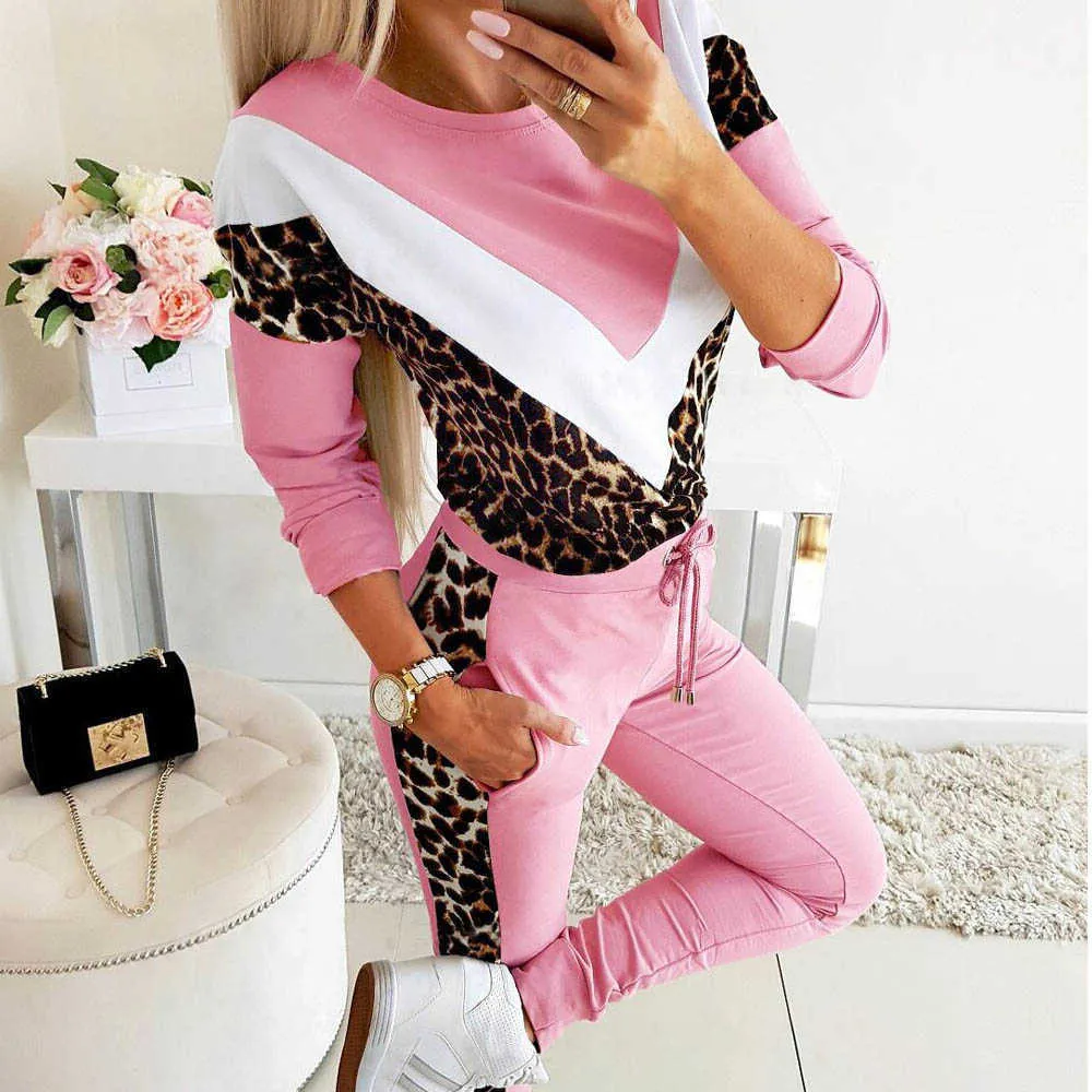 Kvinnors tvåbitar byxor Kvinnor Nya hösten Leopard Tracksuit Set Autumn Drawstring Two-Piece Jogging Pants Sweatshirt Lady Leopard Patchwork Winter Suits T221012