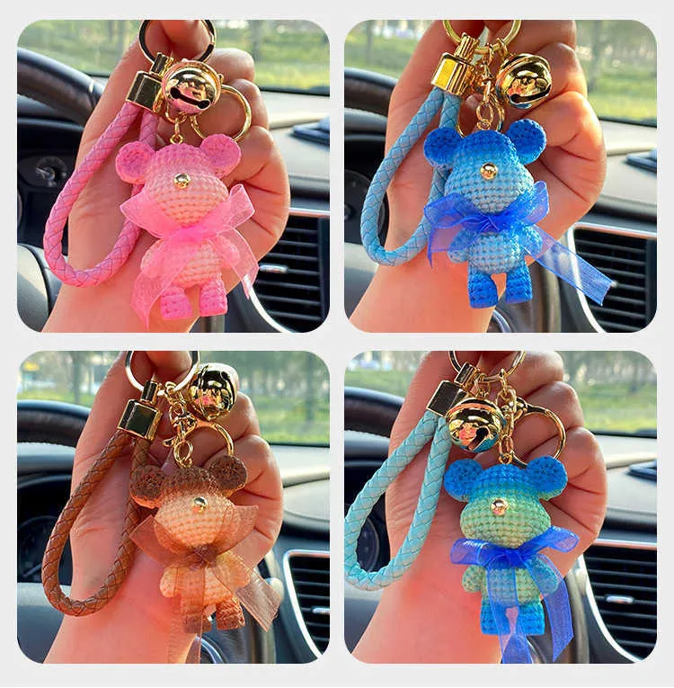 2022 New silk scarf bow tie Bear Keychains tide brand net red wool bear three-dimensional doll key chain woven rainbow backpack pendan