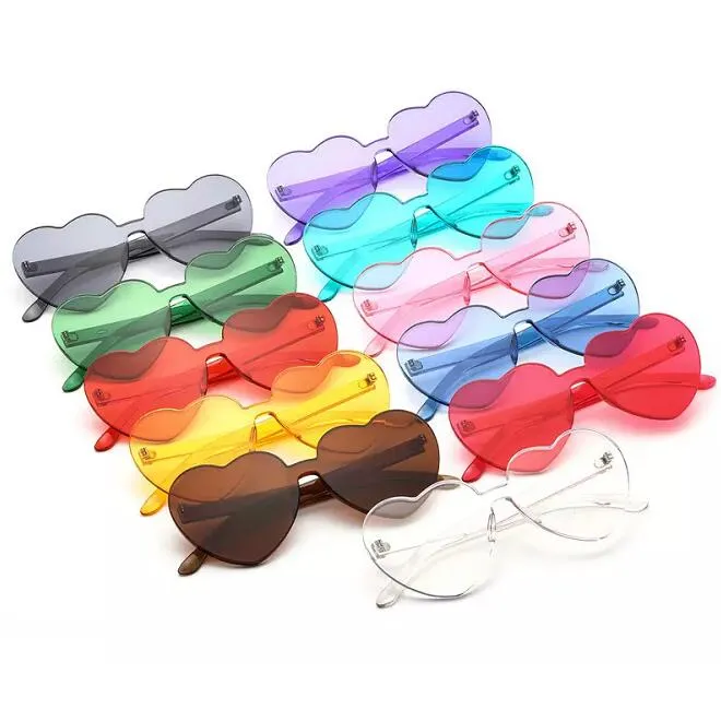 نظارة شمسية مخصصة بدون إطار حلوى ألوان PC Rimless Sun Glasses New New Loving Heart Shose for Women Girl Fashion Lens Eyewear