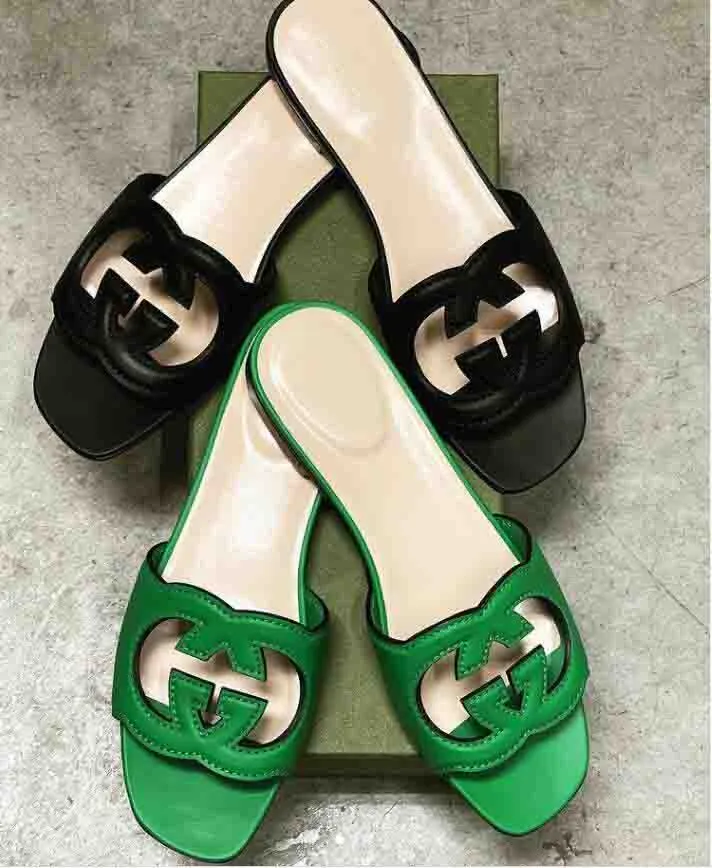 Pantoufle en cuir authentique en cuir pantoufles plates glisse g- -et outre sandals sandale de marque de luxe avec 35-42 size