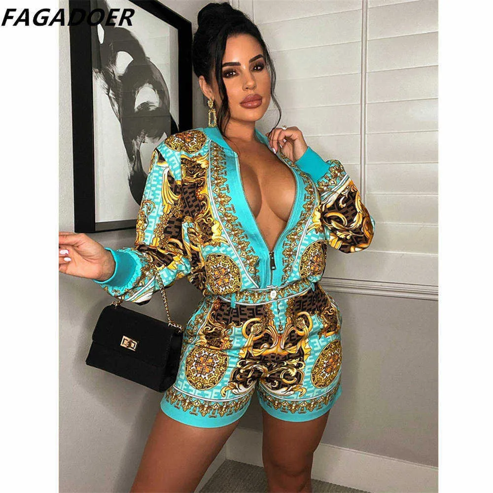 Kvinnors tvåbitar byxor Fagadoer Fashion African Retro Print Två Pice Set Women Outfits Fall Female Zip Vintage Mönster Långärmad kappa Shorts Outfits T221012