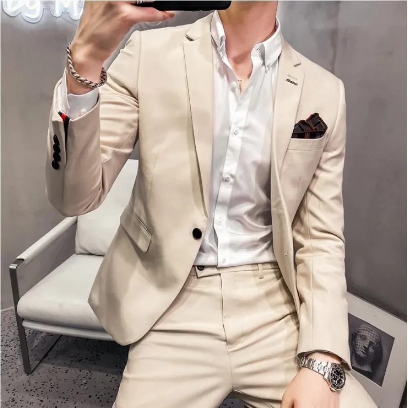 Jacka byxor smoking med tv￥ stycken rutiga kostymer m￤n m￤rke smal passar brudgum br￶llop kl￤nning kostym koreansk f￶retag