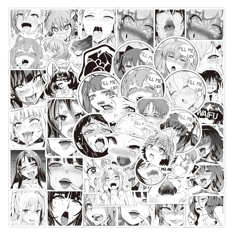 50pcs ahegao waifu 스티커 검은 흰색 애니메이