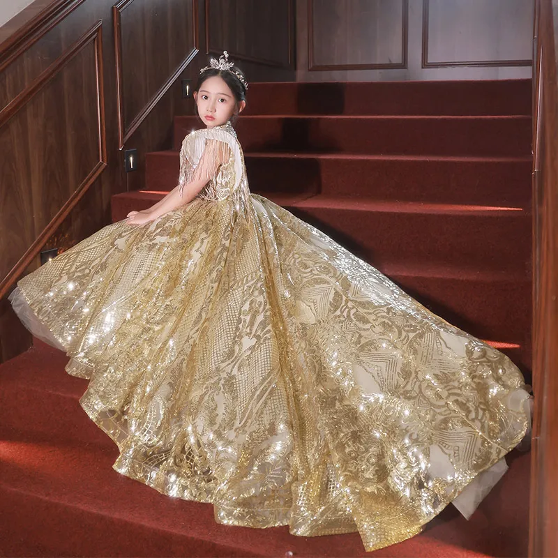Gold Crystal Flower Girls Dress Pageant Dresses Ball Gown Beaded Toddler Infant Clothes Little Kids Birthday Gowns 403