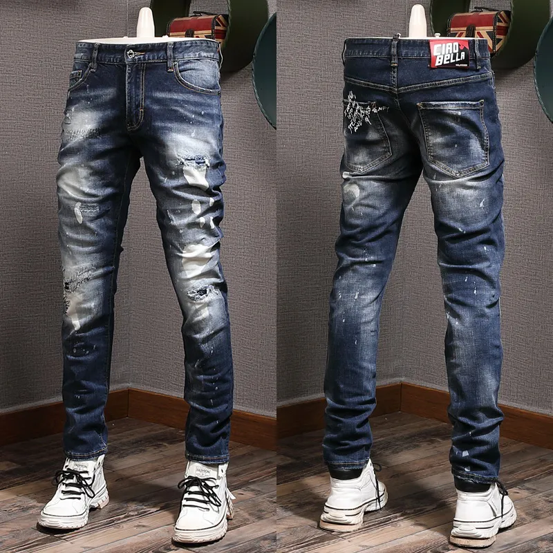 Italiaanse Hot Man Jeans Skinny Fit Leg Painted Distressed Grote maat 38