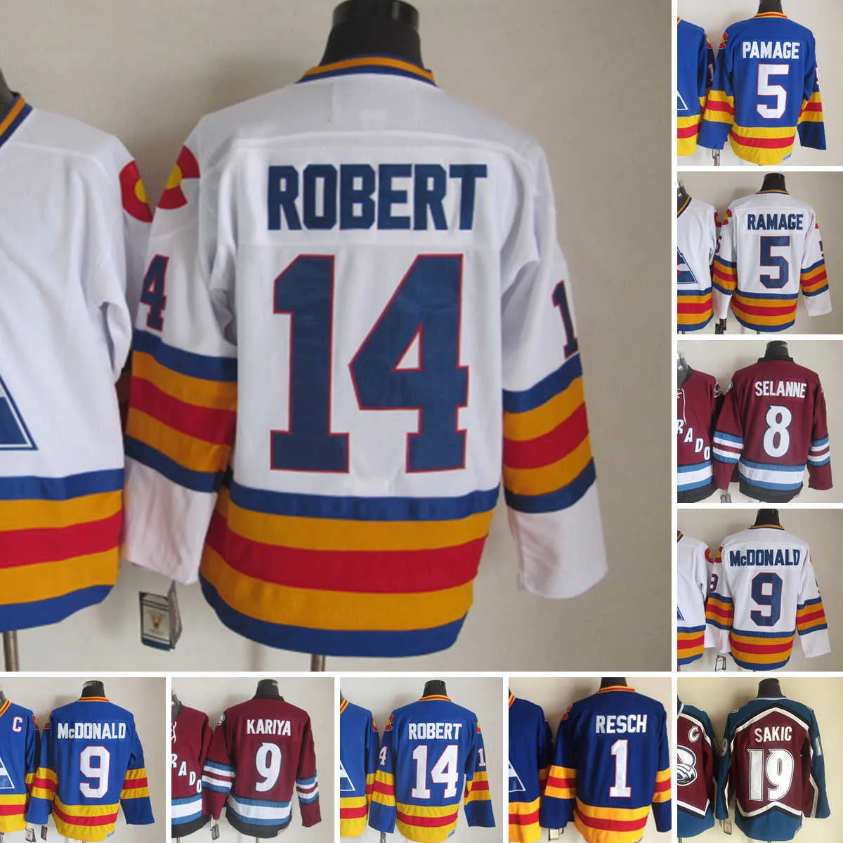 1972-1999 Film Retro CCM Hockey Jersey Broderie 9 Lanny McDonald 14 Rene Robert 19 Joe Sakic 5 Rob Ramage 8 Teemu Selanne 1 Chico Resch Jersey Noir Rouge Blanc