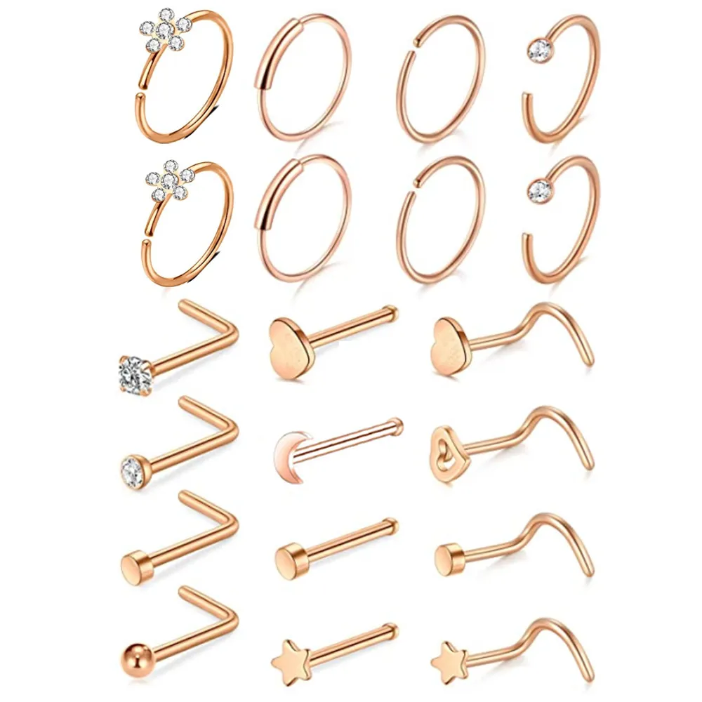 21pcs/Set Nose Naving Set Body Piercing Accessories Ascessesure нержавеющая сталь серебряное носовое кольцо розовое золото шпильки для бровей уш