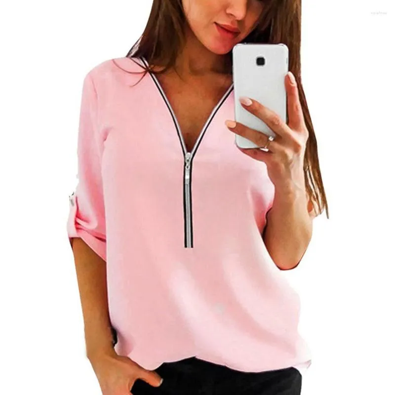 Blouses pour femmes fermeture éclair à manches longues Blouse femmes chemises Sexy col en V solide en mousseline de soie haut décontracté t-shirt hauts vêtements féminins grande taille