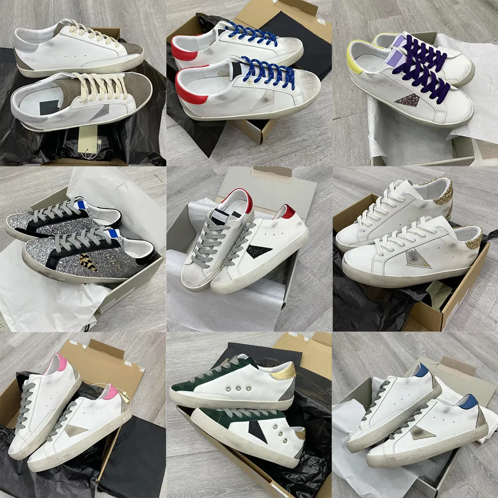 2022 Italien Märke Kvinnor Sneakers Super Star Skor lyx Gyllene paljett Klassisk Vit Do-gammal Dirty Designer Man Fritidssko