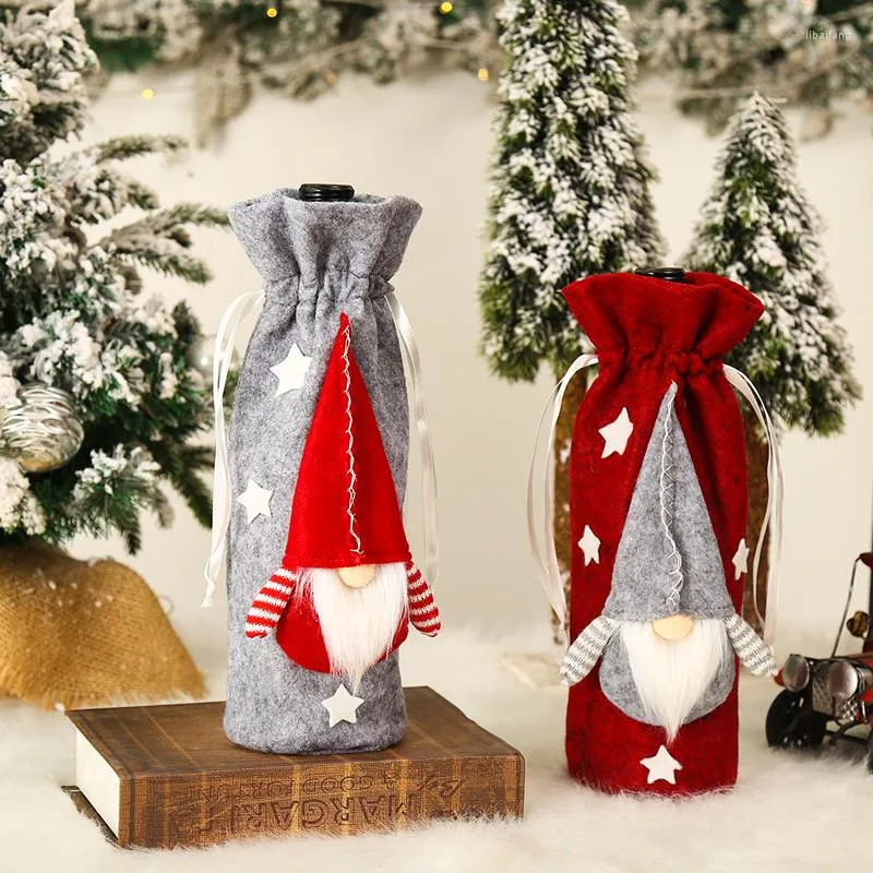 Juldekorationer 1 st/2 st inget ansikte vitt skägg Santa docka vin flask på väskan display år fest champagne bunt fickdekor