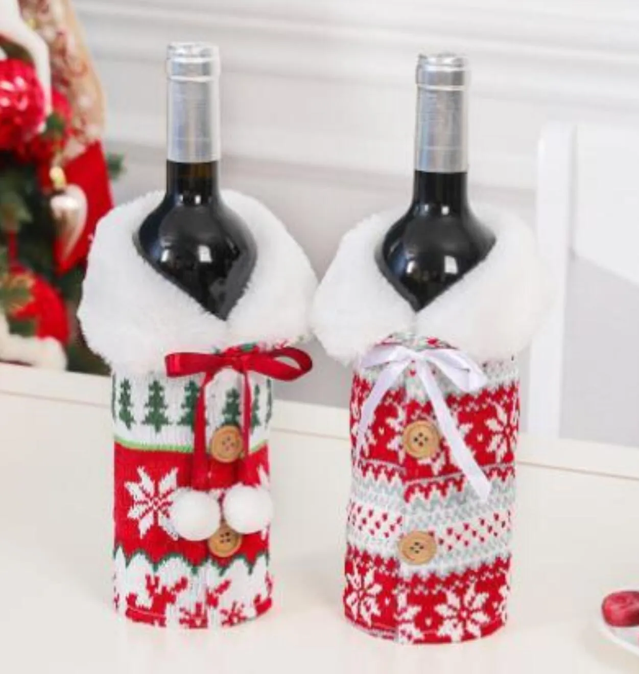 Novo 2023 Christmas Knit Wine Bottles Covers Garrafas de vinhos de árvore de neve com capa de cerveja Bowknot Ano Novo Home Decoration GC1014