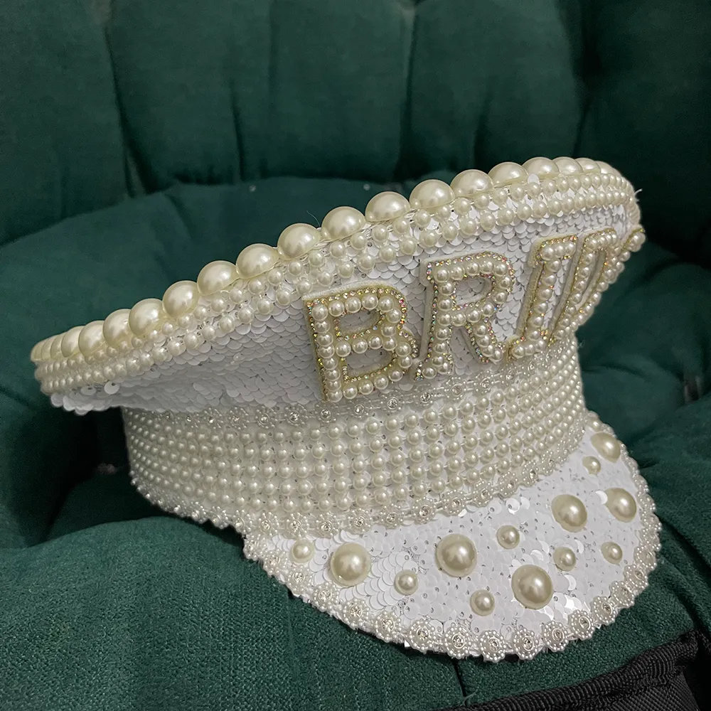 Берец ручной женщины военная шляпа белая блестка сжигания роскошной роскошной капитан сержант шляпа жемчужный фестиваль невесты часть 3 размер 221014